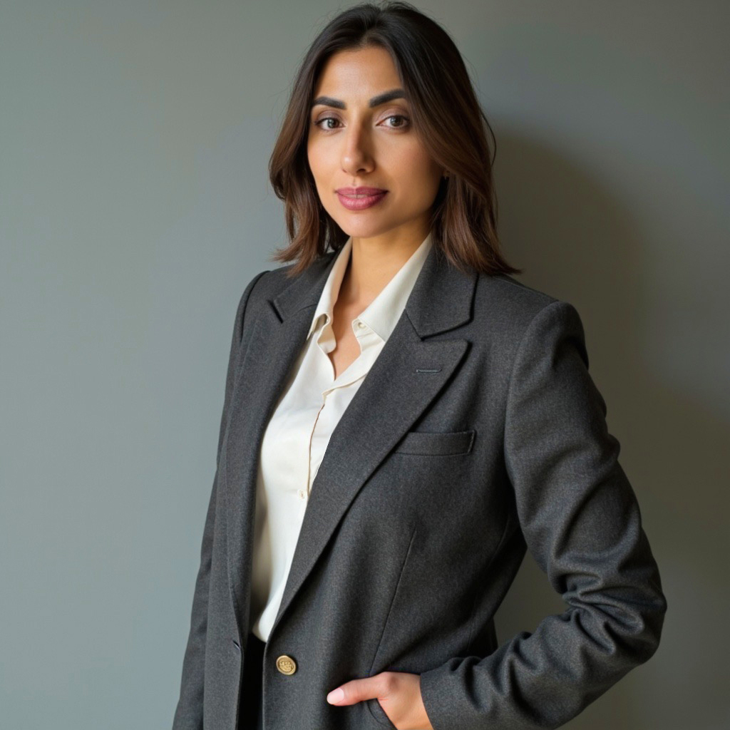 A professional headshot of Amna Zaidi, exuding confidence and leadership.